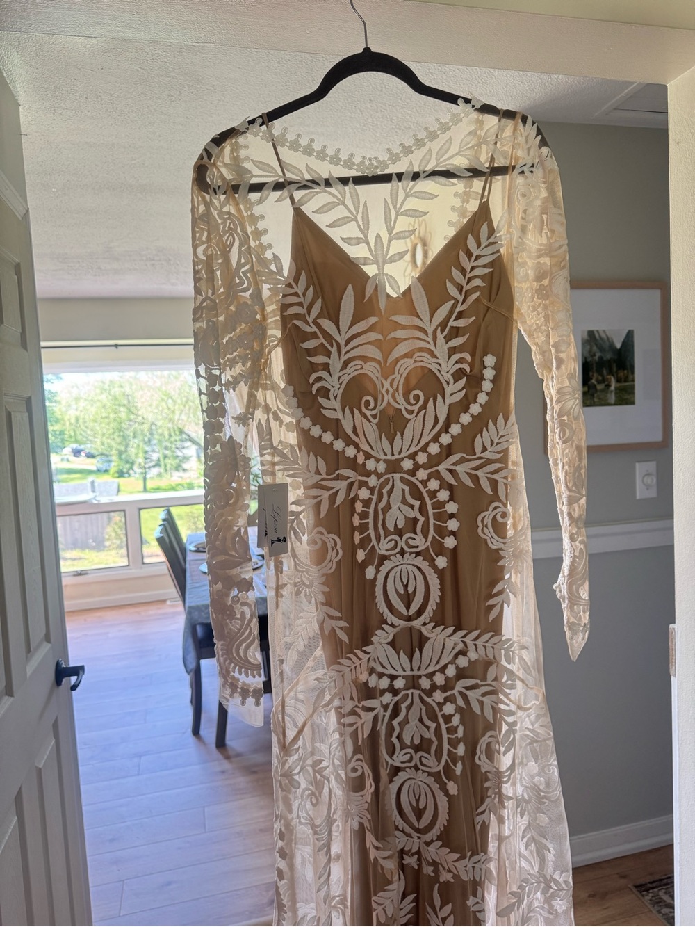 Amazon Women’s Wedding Dress Beige with White Lace Overlay